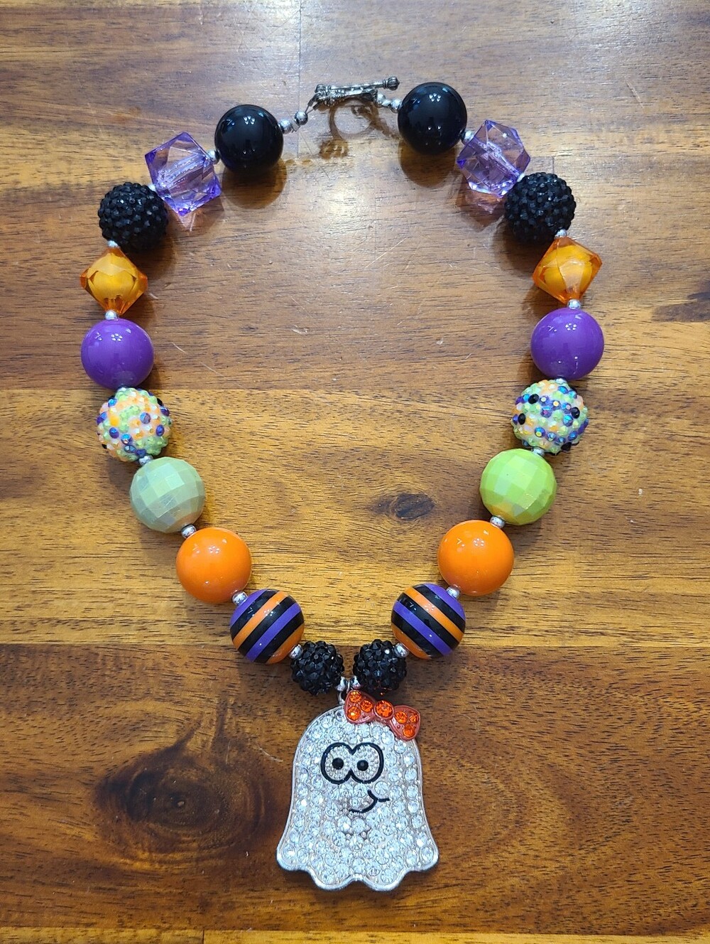Sparkly Rhinestone Ghost Orange Bow Chunky Bubblegum Necklace Halloween Jewelry